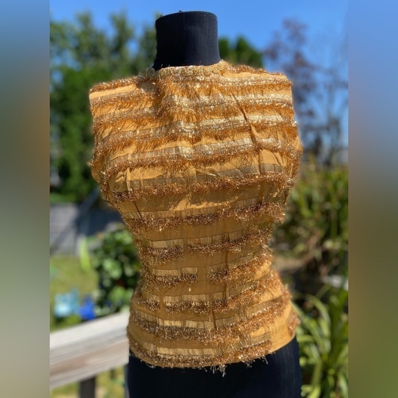 Y2K Fun Gold Fringe High Neck Top With Zipper Back. - Picture 6 of 13